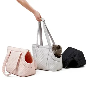 Lightweight quilted pet carrier tote bags for cats in pink, grey and black colors