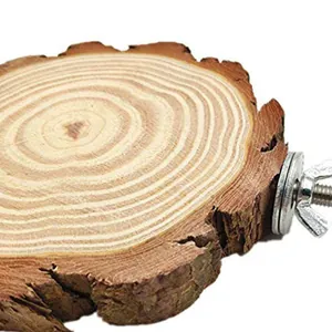 Close-up detail of a natural pine wood bird standing platform with metal wing nut attachment