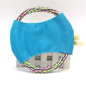 Durable blue canvas dog frisbee toy with colorful cotton rope rim for outdoor training