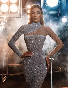 Elegant silver sequined evening gown with mesh hollow-out and bodycon fit for women.