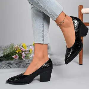 Close-up of black crocodile-textured block heel pumps with pointed toe design
