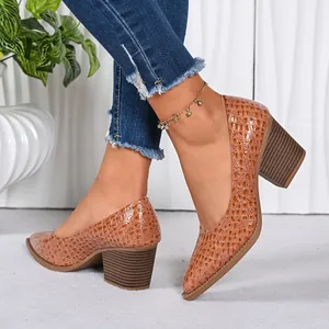 Close-up of brown crocodile embossed pointed toe pumps with a chunky block heel