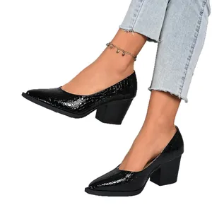 Elegant black crocodile pattern pointed-toe pumps with stable retro block heels