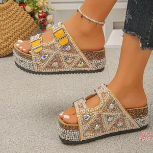 Close-up of rhinestone and pearl platform slippers showing the 5.9cm heel height