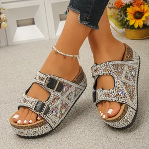 Stylish women's thick-bottomed pearl and rhinestone slides with cork platform sole