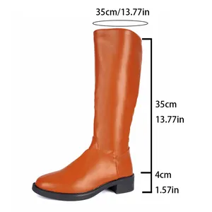 Detaillierte Maße orangefarbener kniehoher Lederstiefel mit Schaft- und Absatzangaben