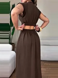 Stylish brown summer sleeveless dress for women featuring a back cutout and slim fit