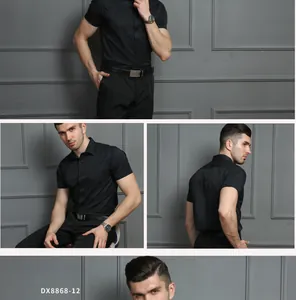 Detailansichten von Vorder- und Rückseite eines schwarzen, kurzärmeligen Slim-Fit-Herrenhemdes
