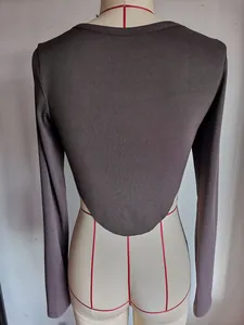 Close-up back view of a slim fit cropped brown ribbed knit long sleeve top on mannequin