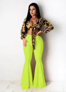 Two-piece sexy outfit with baroque print tie-front top and neon yellow flare pants