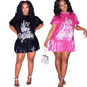 Sparkling loose short sleeve sequined dress with It's My Birthday print and ruffled hem