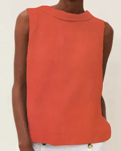 Detailed texture of burnt orange cotton linen sleeveless top with elegant boat neck
