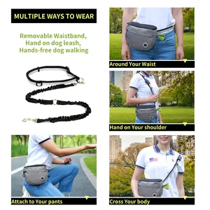 Versatile dog training treat pouch with elastic leash, showing multiple ways to wear in park