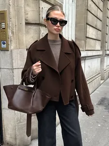 Franse Stijl Dames Wollen Jas Double-breasted Revers Losse Dikke Winter Warme Korte Jas Bovenkleding Voor Woon-werkverkeer Kantoor Dames