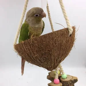 Natural coconut shell bird swing with wooden slices and colorful beads for parrots