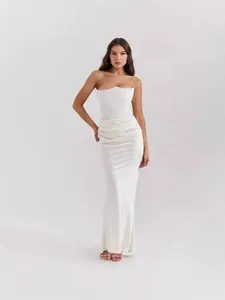 Elegant white strapless backless evening maxi dress with slim fit pleated waist detail