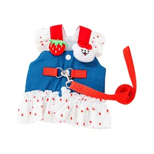 Cartoon denim pet dress harness with leash for small dogs and cats princess style skirt