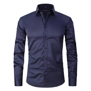 Premium navy blue business casual long-sleeve shirt for men with lapel collar and slim fit