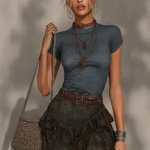 Detail of women's two-piece set with blue tight t-shirt and ruffled boho skirt