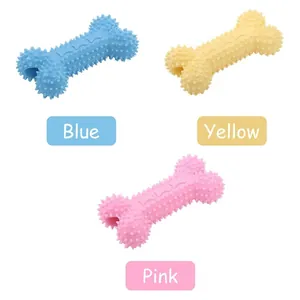 Durable TPR spiked bone dog chew toys for teething and dental cleaning in three colors.