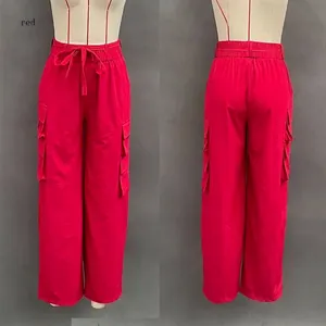 Detailed front and back views of red high-waisted cargo pants with large side pockets