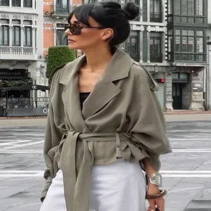 Elegant khaki short trench coat with waist belt and wide lapels for women's autumn style