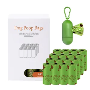 Detailed display of 16 rolls of green biodegradable dog poop bags with dispenser