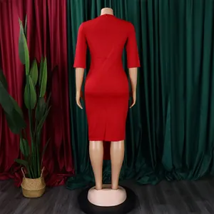 Back view of elegant red bodycon midi dress for office and commuter wear