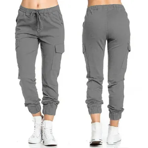 Women's grey cargo jogger pants with drawstring waist and side pockets for casual wear
