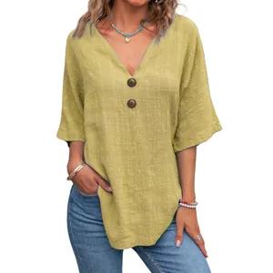Camicetta casual da donna con scollo a V e bottoni, top a maniche corte verde lime estivo