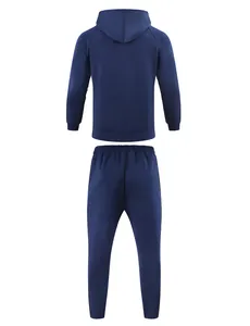 Back view of premium navy blue two-piece sports tracksuit featuring hoodie and joggers