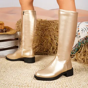 Detailansicht der champagnergoldenen kniehohen Stiefel mit Reißverschluss und flachem Absatz.