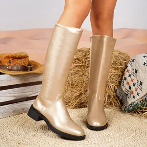 Detailansicht der champagnegoldenen kniehohen Stiefel mit Metallic-Finish und Reißverschluss