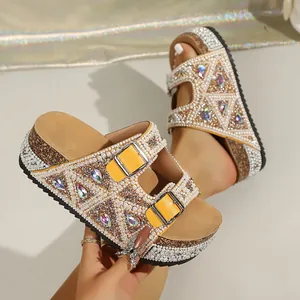 Luxury platform slippers with pearls and rhinestones on cork wedge soles for women