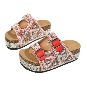 Elegant red strap platform sandals with pearl and rhinestone decor and cork sole