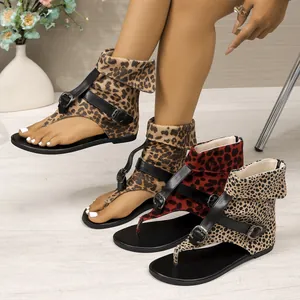 Women's Roman style leopard print flat thong sandals with buckle straps and back zipper