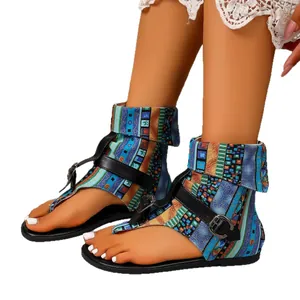 Bohemian flat Roman sandals for women featuring colorful geometric patterns and buckled ankle straps