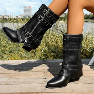 Black pointed-toe chunky heel gaiter boots with buckle straps for women