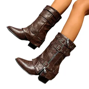 Stylish women's chunky heel pointed toe Western boots with buckle straps and zipper