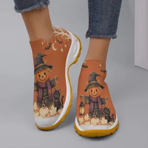 Baskets en maille légère pour femmes avec imprimé Halloween épouvantail et chat
