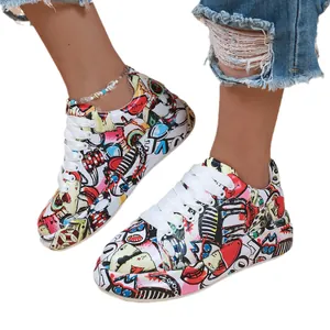 Stylish colorful graffiti sneakers for women with thick soles and lace-up design