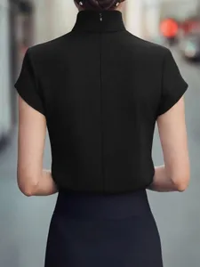 Elegant professional black short-sleeved blouse for women with high neck and back zipper detail