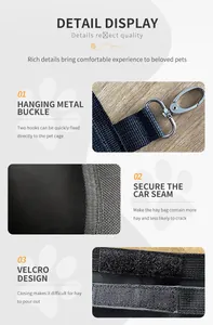Detailed features of small pet hay bag including hanging metal buckle and velcro design