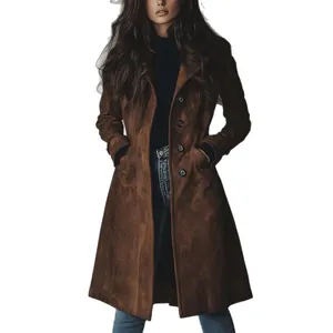 Elegant women's brown suede long trench coat featuring lapel collar and buttons