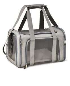 Full view of breathable gray pet carrier with mesh windows and durable zippers