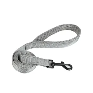 Close-up view of a gray reflective breathable dog leash featuring a padded mesh handle.