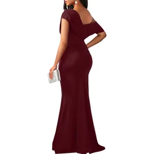 Robe de soirée longue moulante élégante bordeaux épaules dénudées sans manches pour femme