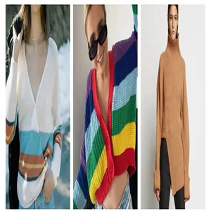 Variety of stylish women's knit sweaters: rainbow cardigan, striped V-neck and turtleneck.