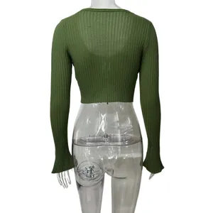 Detailed back view of a trendy green ribbed knit crop top with long flared sleeves