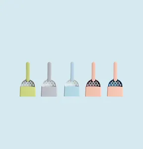 Professional set of five cat litter scoops with matching holders in assorted colors.